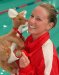 Canadian, Joanne Malar at Pan Pacs 99 with a toy Kangaroo